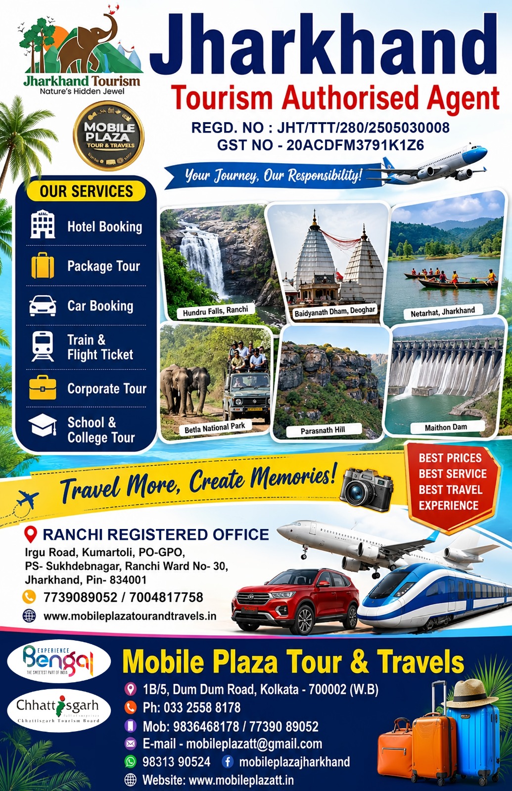 Official Jharkhand tourism package flyer featuring Mobile Plaza Tour and Travels itineraries