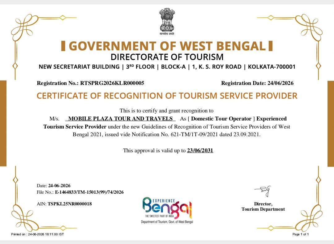 Official West Bengal Tourism Department certificate of registration